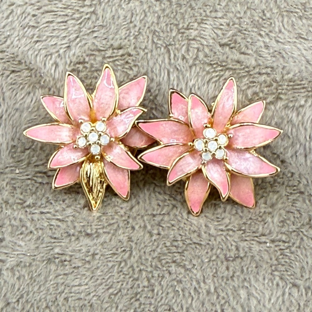 Vintage Nolan Miller Flower Earrings Pink Gold Tone Enamel Rhinestone Clip On